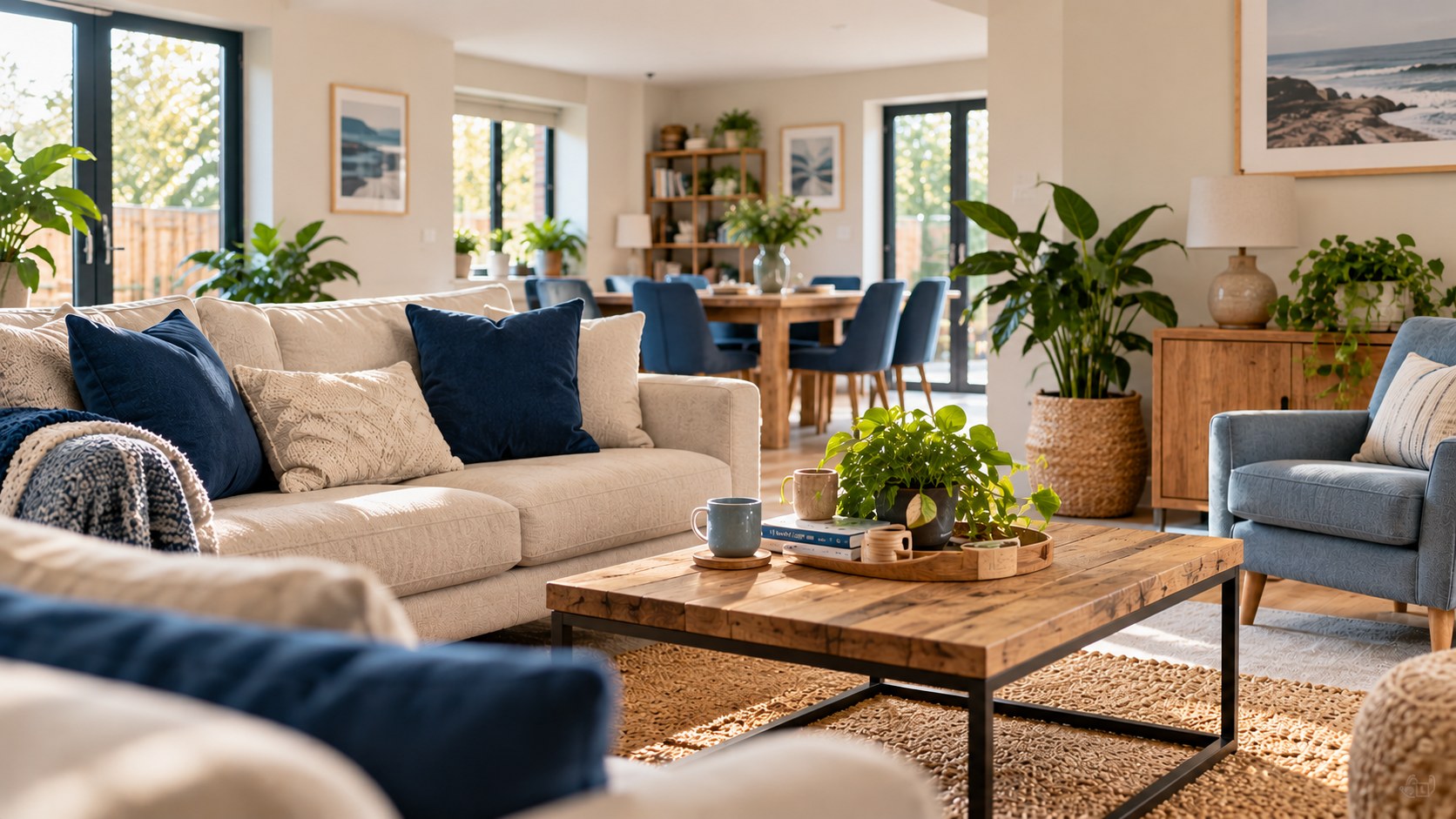 A bright living room with a cream sofa and navy cushions, a slate-blue armchair, a low wooden coffee table with a tray and plant, plants throughout, and a dining area beyond